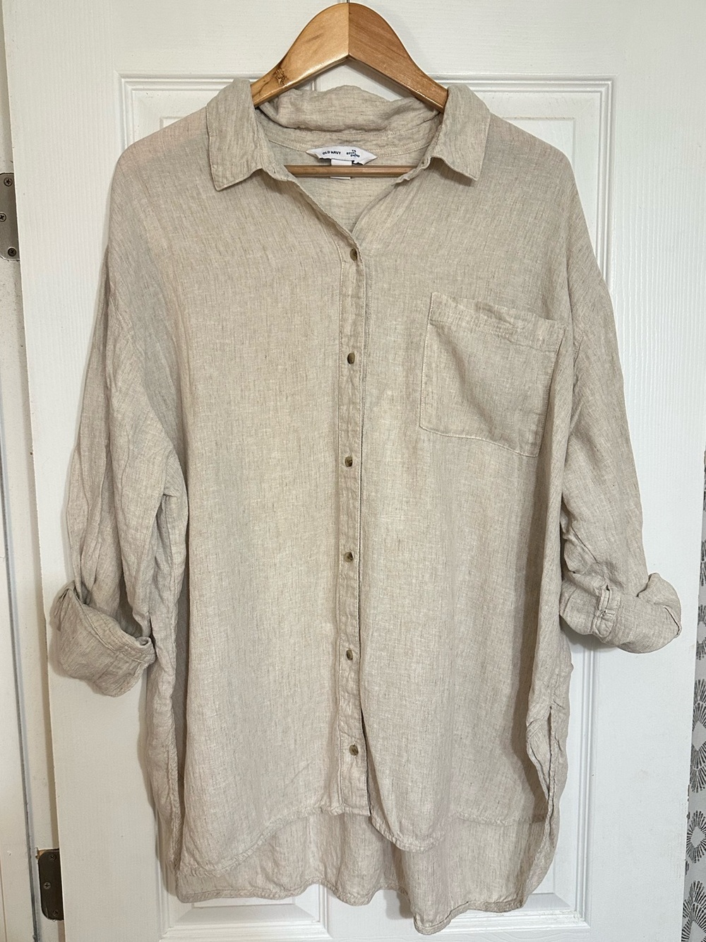 Old Navy “Boyfriend Shirt” Beige Linen Oversized Button-Up 2X Coastal Old Money